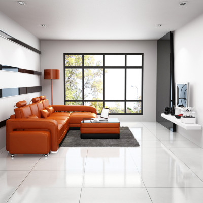 Ledersofa Couch Wohnlandschaft Ecksofa Eck Garnitur Design Sofa USB Orange Neu