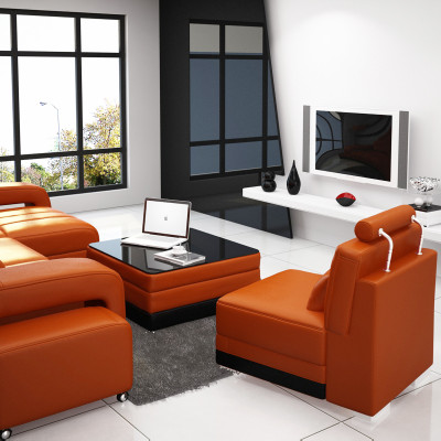 Ledersofa Couch Wohnlandschaft Ecksofa Eck Garnitur Design Sofa USB Orange Neu