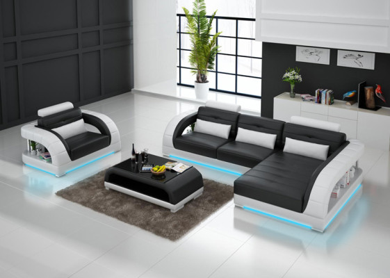 Ledersofa Couch Wohnlandschaft Ecksofa + Sessel Neu Garnitur Design