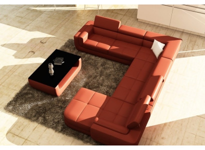 Polster Ledersofa Sofa + USB Wohnlandschaft U Form XXL Big Orange Couch Ecksofa