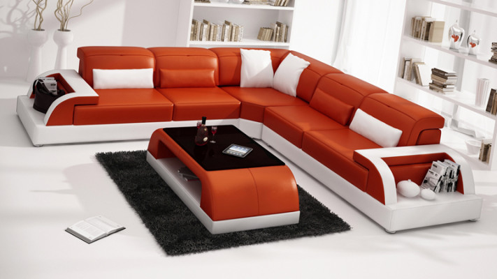 Ledersofa Couch Wohnlandschaft Ecksofa Eck Garnitur Design Modern Sofa USB Weiß