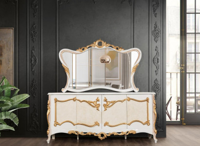 Anrichte mit Spiegel Garnitur Ess Barock Kommoden Holz Kommode Holz Schrank Neu