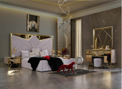 Schlafzimmerset Bett Nachttische Schminktisch mit Spiegel in elegantem italienischem Stil in weißer Farbe