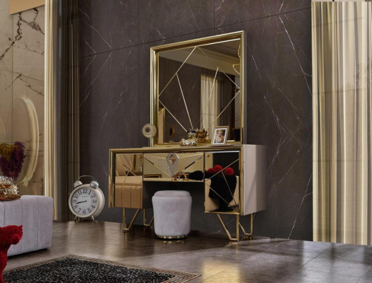 Schlafzimmerset Bett Nachttische Schminktisch mit Spiegel in elegantem italienischem Stil in weißer Farbe