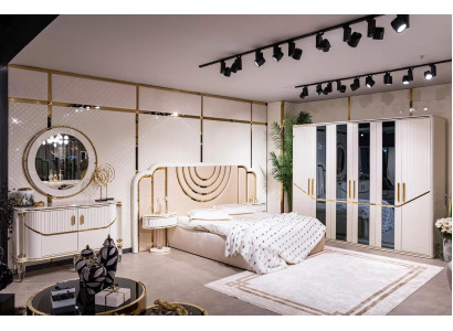 Schlafzimmer Set Luxus Bett 2x Nachttisch Kleiderschrank Kommode mit Spegel 5tlg