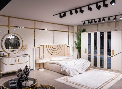 Schlafzimmer Set Luxus Bett 2x Nachttisch Kleiderschrank Kommode mit Spegel 5tlg