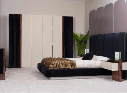 Luxus Schlafzimmer Set Bett 2x Nachttische + Kleiderschrank Holz Komplett