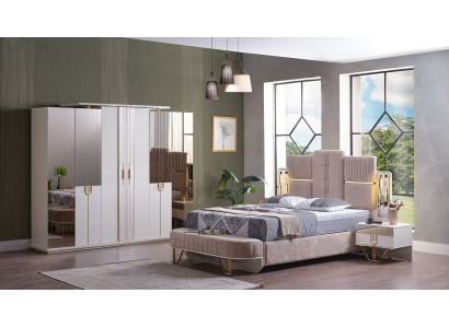 Luxus Schlafzimmer Set 5 tlg. Bett 2x Nachttische Kleiderschrank Bank Moderne