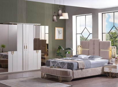 Luxus Schlafzimmer Set 5 tlg. Bett 2x Nachttische Kleiderschrank Bank Moderne