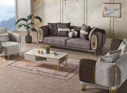 Sofagarnitur 3+3+1 Sitzer Wohnzimmer Set Komplett Textil Sofa Sessel Holz