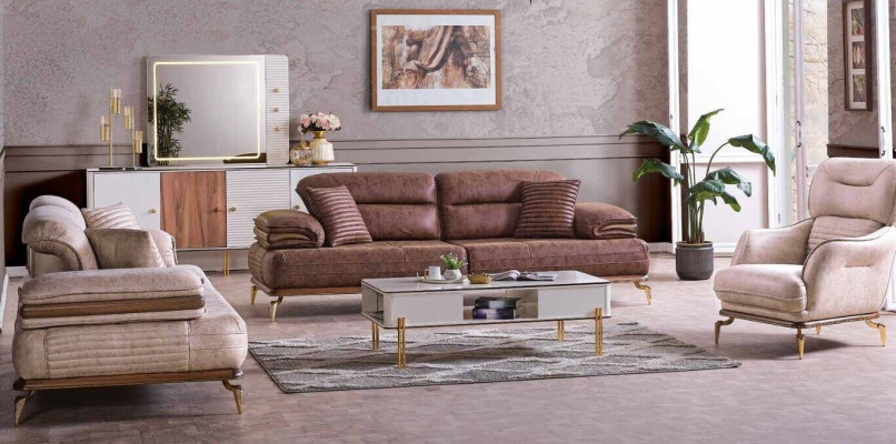 Möbel Wohnzimmer set 3+3+1 Sitzplätzen Sofagarnitur 2x Sofas Sessel Braun