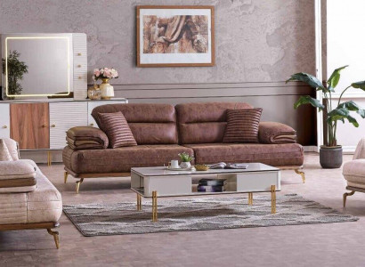 Möbel Wohnzimmer set 3+3+1 Sitzplätzen Sofagarnitur 2x Sofas Sessel Braun