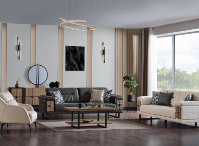 Sofagarnitur 3+3+1 Sitzer Wohnzimmer Set Komplett Textil Holz Sofa Sessel 