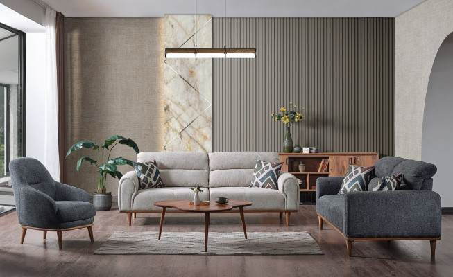 Sofagarnitur 3+3+1 Sitzer Wohnzimmer Set Komplett Textil Holz Sofa Sessel Neu