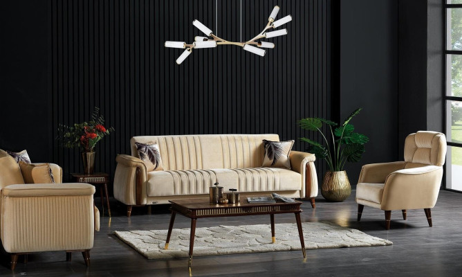 Sofagarnitur 3+3+1 Sitzer Wohnzimmer Set Komplett Textil Sofa Sessel Holz Beige