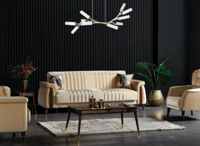 Sofagarnitur 3+3+1 Sitzer Wohnzimmer Set Komplett Textil Sofa Sessel Holz Beige