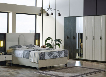 Luxus Schlafzimmer Set 4 tlg. Bett 2x Nachttische Kleiderschrank Beige