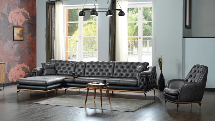Schwarz Wohnzimmer Set Ecksofa L-Form Sessel Modern Chesterfield Komplett