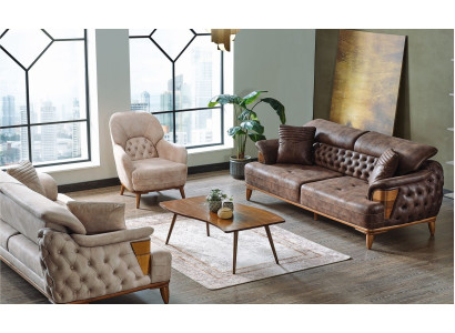 Sofagarnitur 3+3+1 Holz Wohnzimmer Luxus Sofa Chesterfield Stoff Neu Komplett