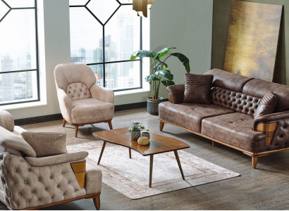 Sofagarnitur 3+3+1 Holz Wohnzimmer Luxus Sofa Chesterfield Stoff Neu Komplett