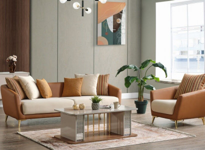 Sofagarnitur 3+1 Sitzer Textil Holz Sofa 3 Sitzer Modern Sessel Komplett Set