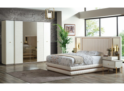 Schlafzimmer Set Bett 2x Nachttische Kleiderschrank Design Möbel 4 tlg. Beige
