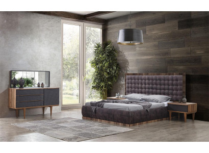 Schlafzimmer Set Bett + 2x Nachttische + Kommode + Spiegel Design Möbel 5tlg