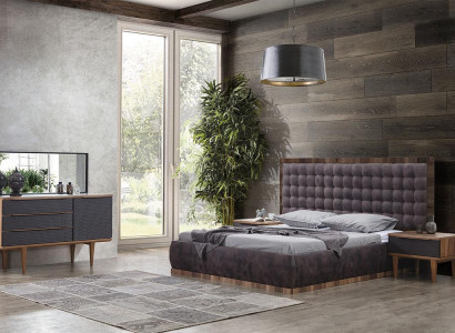 Schlafzimmer Set Bett + 2x Nachttische + Kommode + Spiegel Design Möbel 5tlg