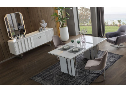 Luxus Esszimmer Set Esstisch + 6x Stühle + Sideboard mit Spiegel Modern Komplett
