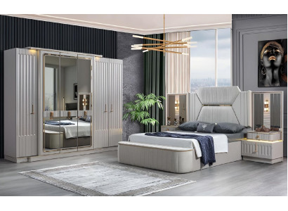 Designer Möbel 4tlg. Schlafzimmer Set Bett 2x Nachttisch Kleiderschrank Neu