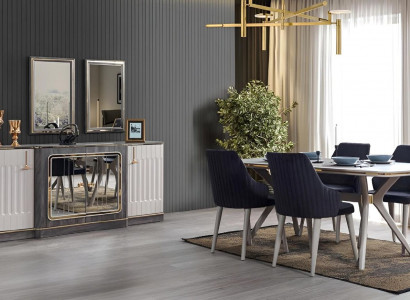 Luxus Esszimmer Set Esstisch + 6x Stühle + Sideboard mit 2x Spiegel Neu Set