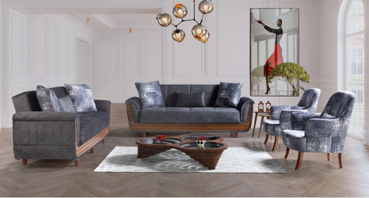 Sofagarnitur 3+2+1+1 Holz Wohnzimmer Luxus Sofa Modern Stoff Komplett Modern