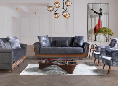 Sofagarnitur 3+2+1+1 Holz Wohnzimmer Luxus Sofa Modern Stoff Komplett Modern