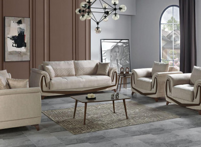 Sofagarnitur 3+2+1+1 Holz Wohnzimmer Luxus Sofa Modern Stoff Komplett Neu