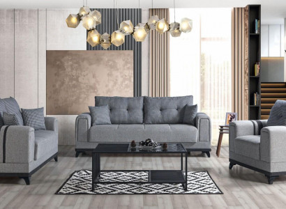 Graue Sofagarnitur 3+2+1 Sitzer Textil Holz Sofa Sessel Komplett Set