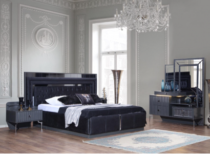 Komplettes Schwarzes Schlafzimmer Set Luxus Doppelbett Nachttische 4tlg