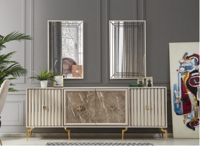 Modernes Sideboard mit 2x Spiegeln Designer Luxus Wohnzimmer Möbel Holz