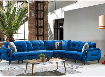 Blaues L-Form Polstersofa Designer Eckcouch Textil Bezug Wohn Sitzmöbel