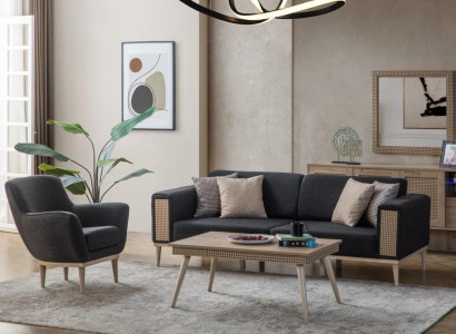 Grauer Wohnzimmer Set Luxus Dreisitzer Polster Sessel Stil Textil Möbel