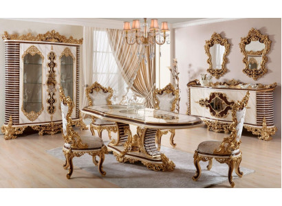 Goldene Klassische Esszimmer Garnitur Esstisch 6x Stühle Kommode Spiegel