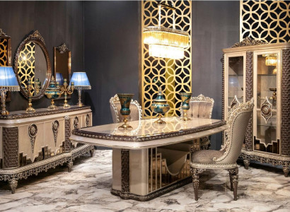 Klassischer Tauper Esszimmer Set Luxus Garnitur Esstisch Stühle Kommode