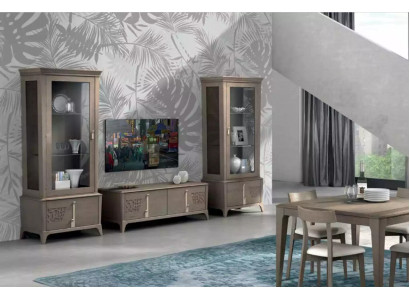 Wohnwand Klassische TV-Ständer Wohnzimmer Vitrine Sideboard Grau 3tlg.
