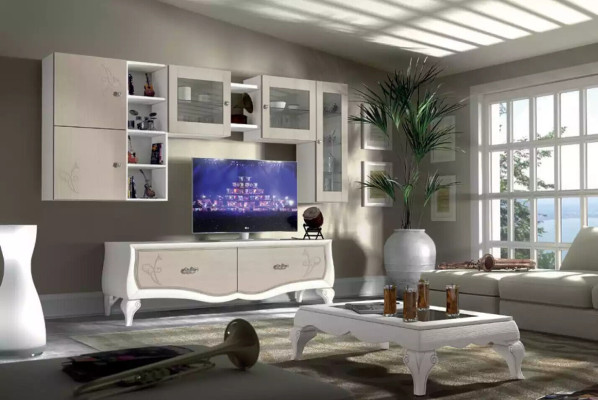 Wohnwand Wohnzimmer Luxus Set Vitrine Lowboard Wandregal TV 5 tlg. Neu