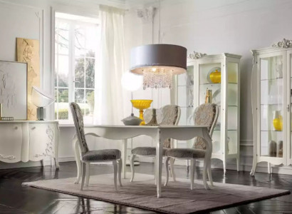 Luxus Esszimmer Set Garnitur 7tlg Weiß Holz Möbel Vitrine 4x Stühle Tisch