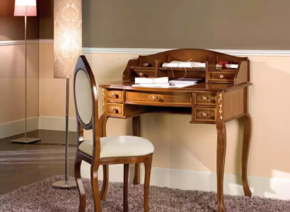 Klassischer Schreibtisch mit braunem Holzstuhl in einem Arbeitszimmer