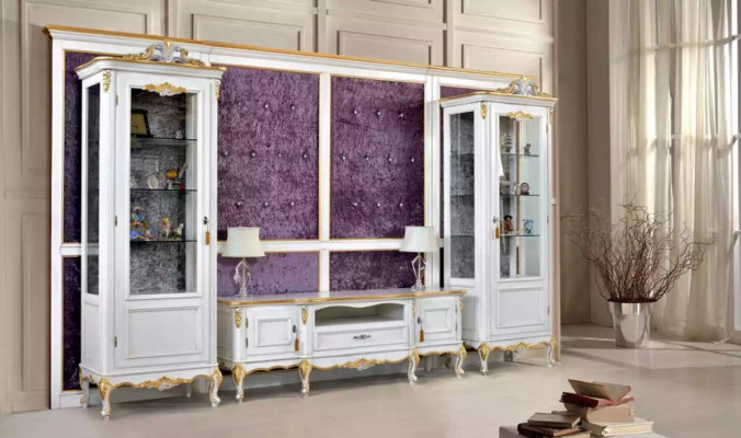 Wohnwand TV Ständer RTV 2x Vitrine Holz Klassische Weiß Wohnzimmer Neu