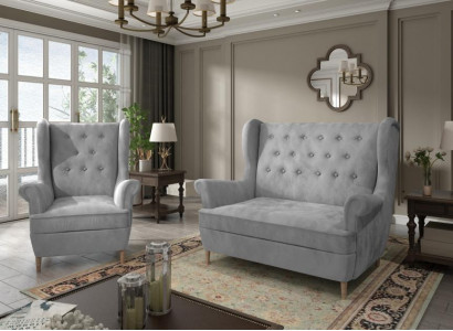 Graue Stoff Chesterfield Sofagarnitur 2+1 Sitzer Sofa Couch Polster Samt