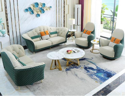 Sofagarnitur 3+2+1 Sitzer Leder Sofa Couch Garnitur Design Beige Grün