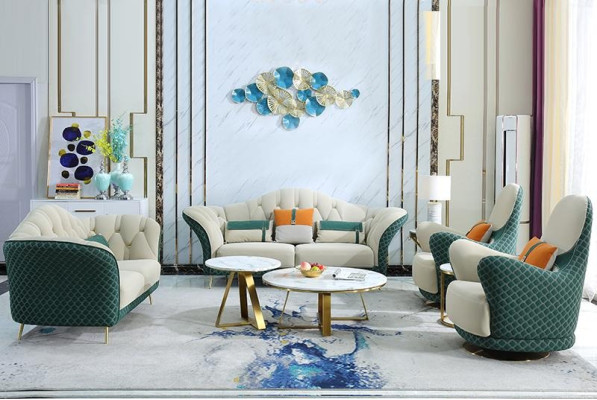 Sofagarnitur 3+2+1 Sitzer Leder Sofa Couch Garnitur Design Beige Grün