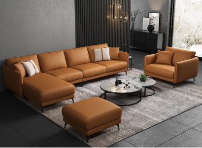 Ecksofa + Sessel Ledersofa Couch Wohnlandschaft Garnitur Design Modern Sofa Sitz